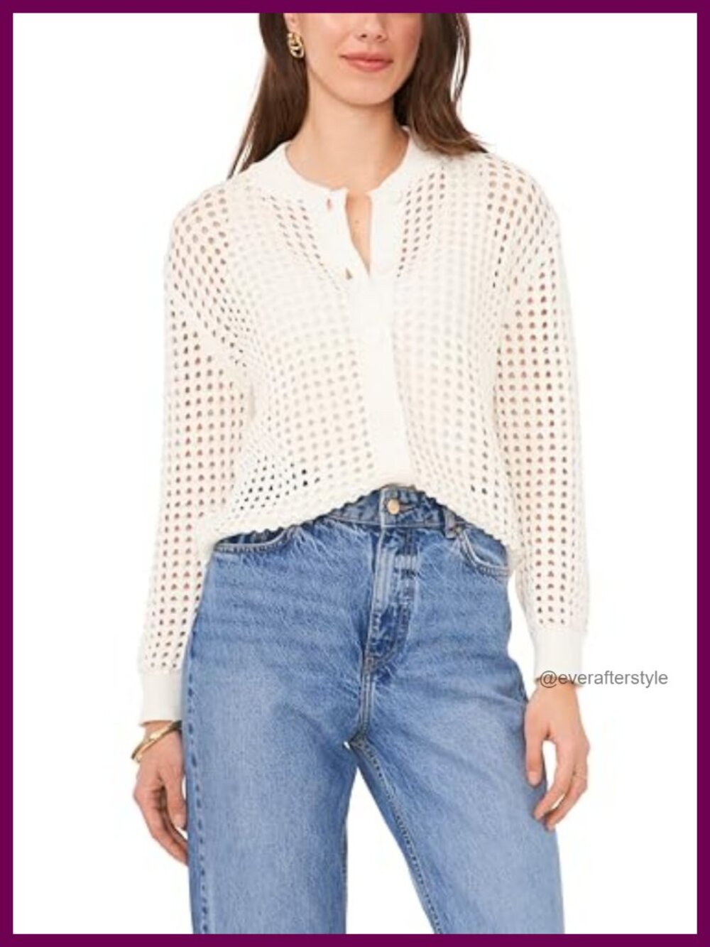 Crochet Open Stitch Cardigan Women Button Up Long Sleeve